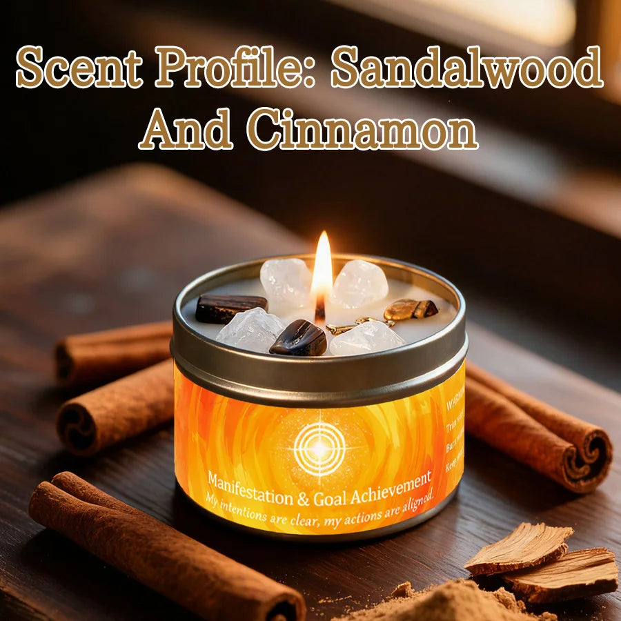 Cinnamon & Sandalwood Goal-Setting Candle — Crystal Meditation Candle