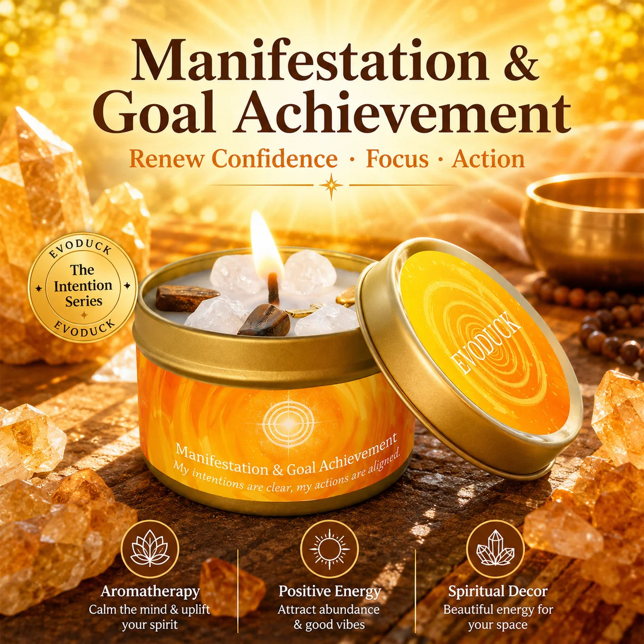 Cinnamon & Sandalwood Goal-Setting Candle — Crystal Meditation Candle