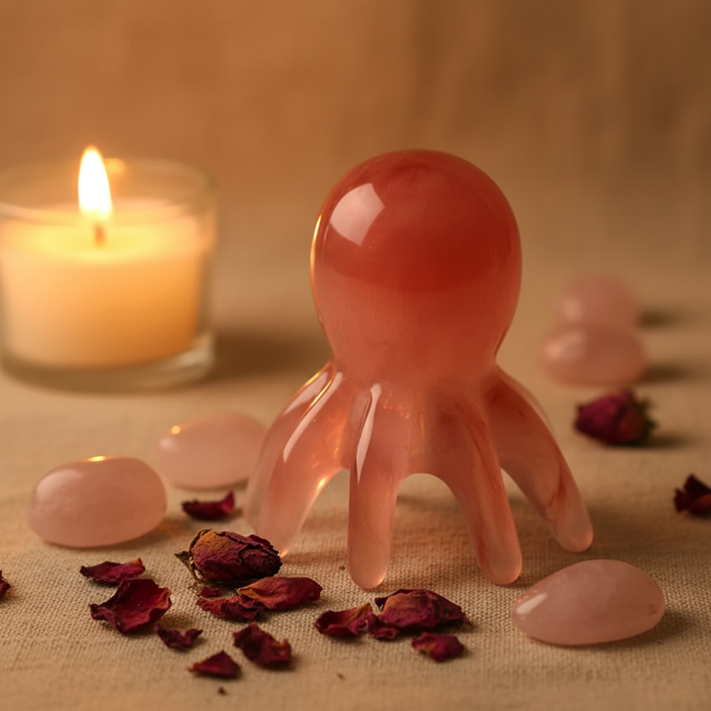 Scalp Ritual Massager - lifestyle with rose quartz and botanicals