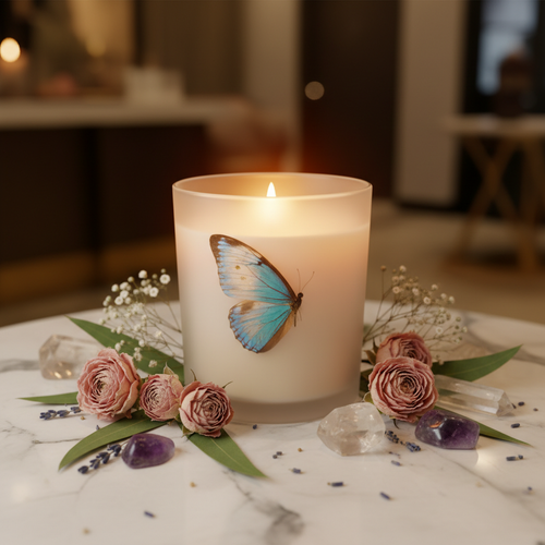 Butterfly transformation soy candle in frosted glass jar