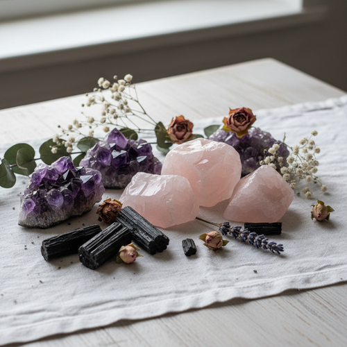 Raw healing crystal set with rose quartz, amethyst, and black tourmaline